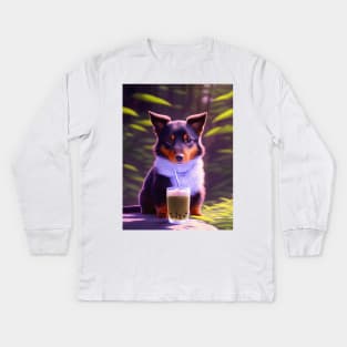 Dachsund with boba bubble tea Kids Long Sleeve T-Shirt